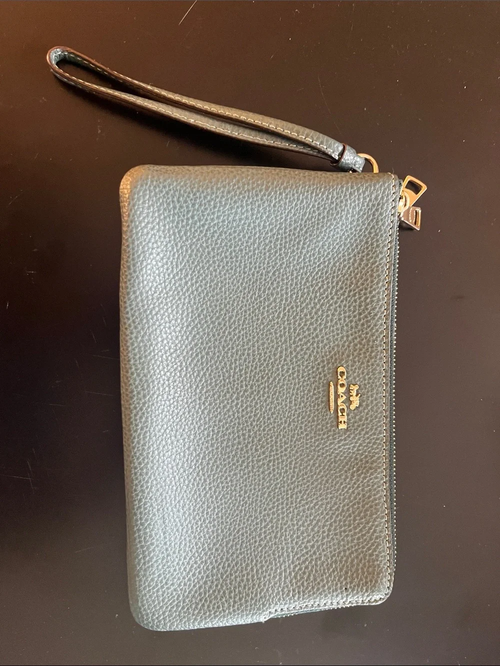 Coach Pebbled Leather Wristlet in forrest green with Gold Hardware